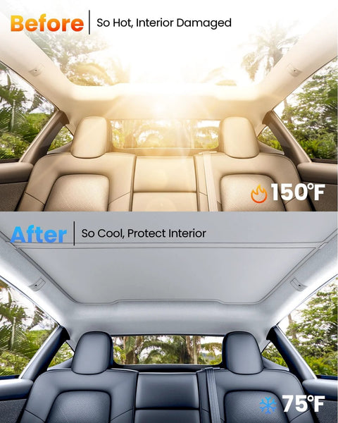 2-pack gray sunshade roof cover for Tesla Model Y panoramic glass roof, installed interior view