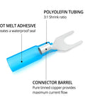 Close-up of Heat Shrink Fork Connectors Blue Marine Grade 16-14 Gauge Built To Last Spade Terminals showing tubing and adhesive