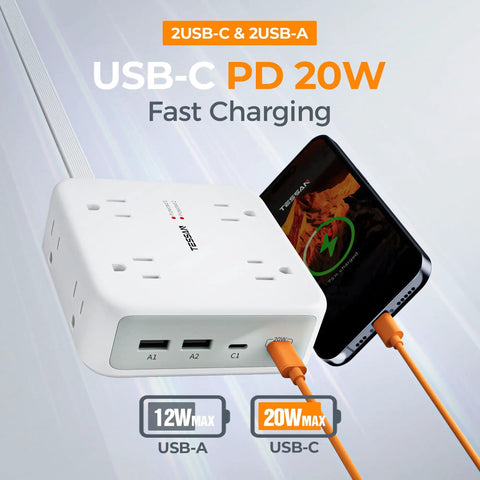 12 In 1 Power Strip With Surge Protection Boasts Eight Ac Outlets And Four Usb Ports Connected To A Five Foot Extension Cord With Flat Head Design Plug Away Hassle Free On This Heavy Duty Workhorse Adapter with USB-C and USB-A ports.