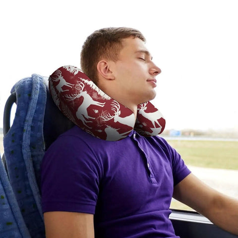 Man using Cozy Christmas Deer Travel Neck Pillow With Memory Foam U Shape Support on plane