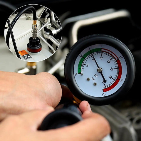 No Sweat Radiator Pressure Tester Kit Featuring 18 Premium Adapters And Rock Solid Hand Pump shows pressure gauge in use.