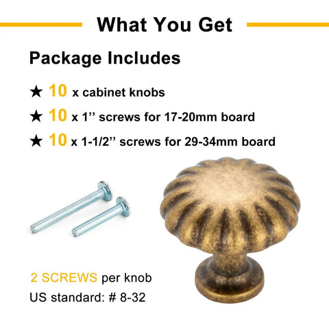 Antique Brass Cabinet Knobs One And A Quarter Inch Ten Pack Single Hole Drawer Pulls For Kitchen Cabinets Dressers Desks