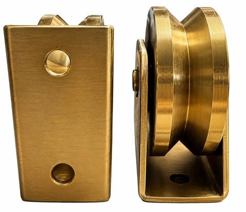 Rock Solid 3.5 Inch Heavy Duty Solid Steel V Groove Industrial Caster Wheel With Secure Locking Brake And Easy Bolt On Mounting Bracket Zinc Coated Finish For Pi Rail And Angle Iron Tracks Two Piece side view of steel caster wheel assembly.