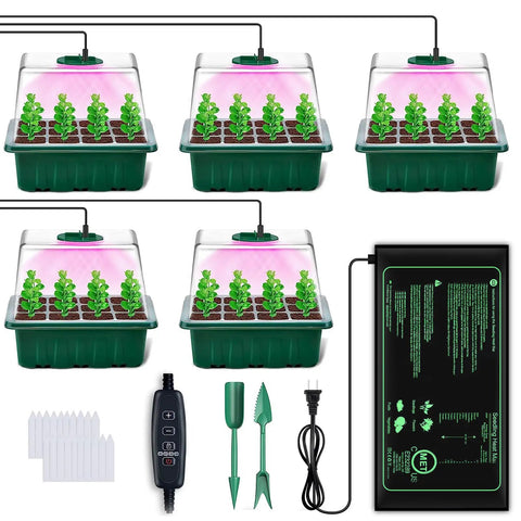 Seed Starter Kit With Grow Light, 5 Pack Seedling Trays With Heat Mat, Humidity Domes, Timing Controller, Adjustable Brightness