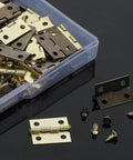 60 Sets Mini Hinges With Screws 0.6 Inch 270 Degree Folding Butt Hinges for Wood Jewelry Boxes Diy Projects Gates Drawers Gold And Bronze Finish shown with screws and storage box