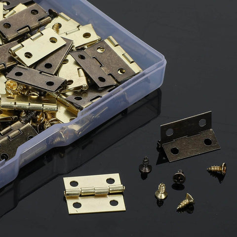 60 Sets Mini Hinges With Screws 0.6 Inch 270 Degree Folding Butt Hinges for Wood Jewelry Boxes Diy Projects Gates Drawers Gold And Bronze Finish shown with screws and storage box