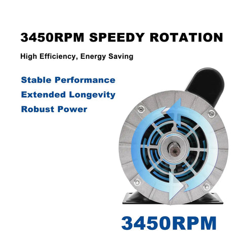 Half HP Single Phase Electric Motor Powerful 3450 RPM 56 Frame Five Eighth Inch Keyed Shaft One Point Eight Eight Inch Shaft Length Dual Voltage 115V And 230V CCW Rotation Ideal For Air Compressors Pumps Agricultural Machinery And General Equipment front view showing fan and housing