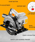 Heavy Duty 1200W Corded Circular Saw Featuring 165 Millimeter 24 Tooth Blade And Blazing 4800 Rpm showing adjustable features and grip.