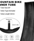 26-inch mountain bike inner tube with Schrader valve and 32mm length from 2 Pack 26x2.125 Thick Wear Resistant Bike Tire Set With Inner Tubes And Levers