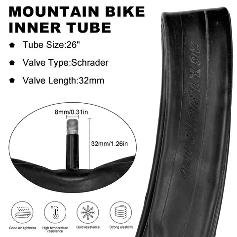 26-inch mountain bike inner tube with Schrader valve and 32mm length from 2 Pack 26x2.125 Thick Wear Resistant Bike Tire Set With Inner Tubes And Levers