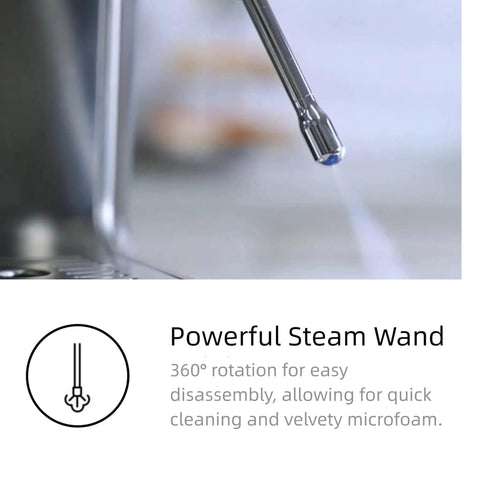 Close-up of the powerful steam wand from the Top Shelf 20 Bar Semi Automatic Espresso Machine with a 360° rotation feature.