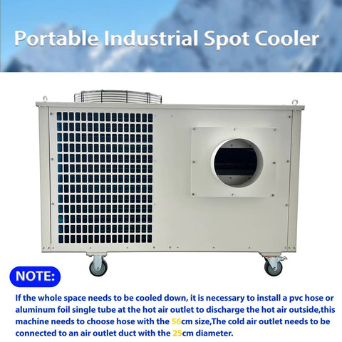 Rock Solid Industrial Air Conditioner Portable Commercial Spot Cooler 220V 61000 Btu 7200W with cooling vents and wheels.