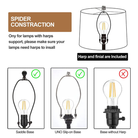 Diagram showing lamp bases: saddle base with harp, UNO slip-on base with harp, and base without harp for Drum Lampshades Set Of 2 Natural Linen Hand Crafted With Harp Holder Included For Easy Fit For Table And Floor Lamps Dope Cozy Modern Light In Any Room With Soft Diffused Glow And Timeless Style.