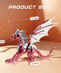 Metal Dragon 3D Model Kit for Adults Boss Level Build, detailed red finish, mechanical puzzle craft showing size dimensions.