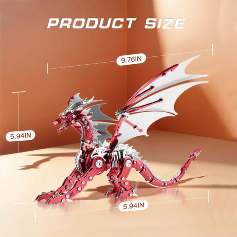 Metal Dragon 3D Model Kit for Adults Boss Level Build, detailed red finish, mechanical puzzle craft showing size dimensions.