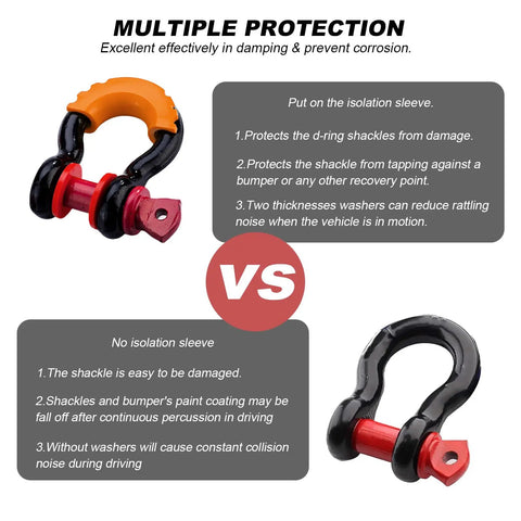 Premium Rubber D Ring Shackle Isolators With Washers Fits Standard Three Quarter Inch Shackles in bright orange with red connectors.
