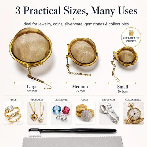 Slick All In One Jewelry Cleaning Kit Featuring Three Stainless Steel Ultrasonic Baskets, large, medium, and small steel baskets.
