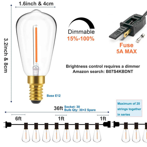 Diagram of 36 Foot Outdoor String Lights With LED Filament Bulbs Dimmable And Waterproof Shatterproof For Indoor Outdoor Decoration Edison Style
