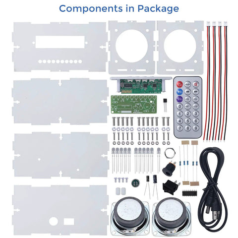 DIY Bluetooth Speaker Kit With USB Mini Stereo Amplifier Soldering Kit LED Lights Transparent Case components shown.