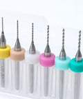 Close-up of micro twist bits from Pro Grade 61 Piece Pin Vise Drill Set with colorful holders for jewelry making and crafts.
