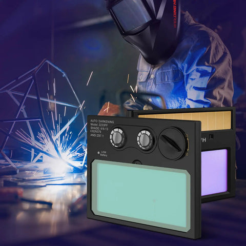 HD Auto Darkening Welding Lens With True Color View, Solar Powered, Two Arc Sensors, Helmet Lens with welder in background.