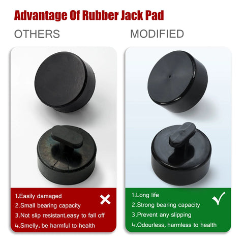 Mapleza 4-pack rubber Corvette lift puck pads; black round jack pads shown from front and side views.