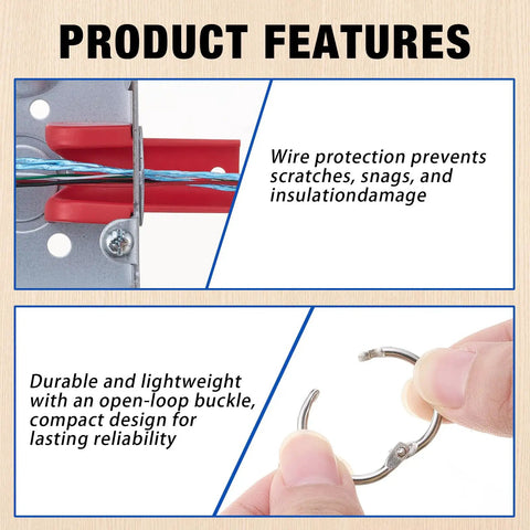 Close-up of wire protection feature on conduit, showcasing durable red clamps and open-loop buckle for 12 Piece Conduit Wire Pulling Grips Set With Open Ring Holders For 1 2 Inch 3 4 Inch And 1 Inch Electrical Cables Smooth Pulls And Secure Holds That Keep Your Wires Safe On Every Jobsite.