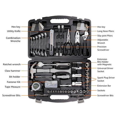 131 Piece General Household Tool Set With Portable Storage Case visible, including hex keys, combination wrenches, pliers in case