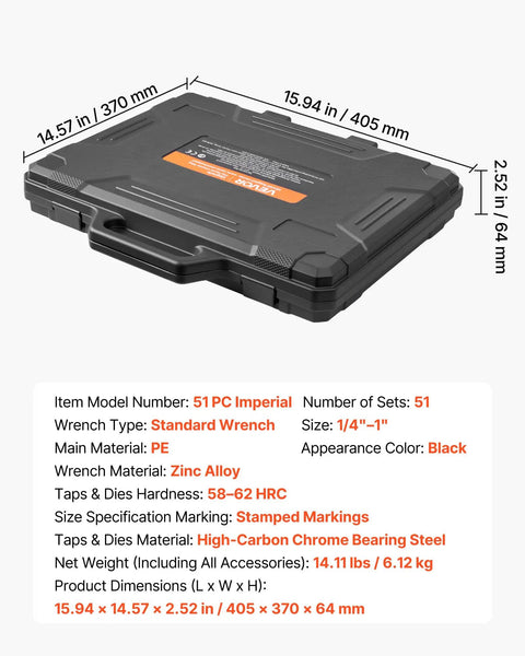 51-Piece SAE Tap And Die Set For Threading And Rethreading 1/4 To 1 Inch in Carrying Case with Product Specifications