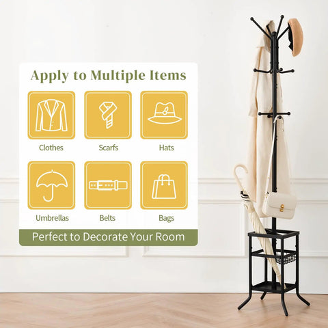 Freestanding Coat Rack With Umbrella Holder Twelve Hooks Three Tier Metal Coat Tree For Entryway Living Room Or Office