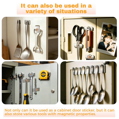 Ultra Thin Cabinet Door Magnets 20 Pack With Adhesive Double Sided Tape, Stainless Steel Magnetic Latch showing various uses.