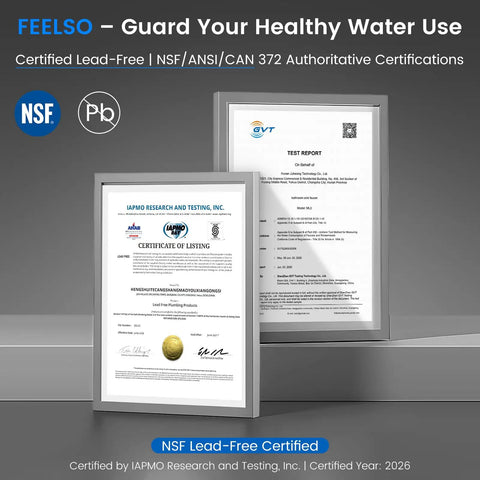 NSF lead-free certification for Top Shelf Brushed Nickel Kitchen Faucet With Pull Down Sprayer And Three Spray Modes.