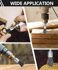 9 Piece Drill Wire Brush Set with crimped end knotted brushes in use on wood and metal surfaces for cleaning and rust removal.