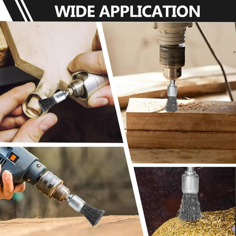 9 Piece Drill Wire Brush Set with crimped end knotted brushes in use on wood and metal surfaces for cleaning and rust removal.