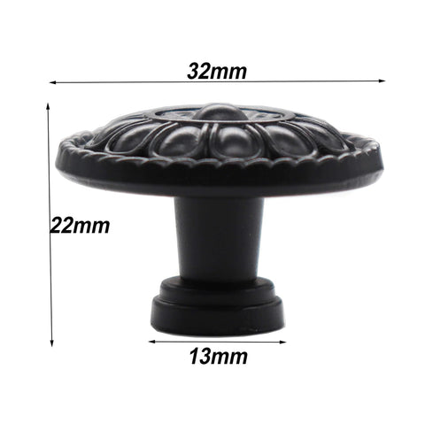 Side view of 8 Pack Black Vintage Dresser Drawer Knobs Pulls For Cabinets And Cupboards With 1.25 Inch Single Hole Hardware Zinc Alloy Handle Set Includes 16 Screws In Two Lengths 25mm And 40mm, showing dimensions.
