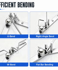 Heavy Duty Manual Rebar Bender And Compact Desktop Tube Curver Featuring Rock Solid High Carbon Steel Build For One Sixth Inch Rod And Three Eighth Copper Wire Cranking Out Killer Zero To One Eighty Degree Bends With Zero Hassle Today showing efficient U-Bend, Right-Angle Bend, W-Bend, and Flat Bar Bending options.