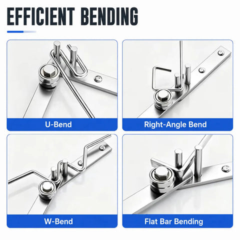 Heavy Duty Manual Rebar Bender And Compact Desktop Tube Curver Featuring Rock Solid High Carbon Steel Build For One Sixth Inch Rod And Three Eighth Copper Wire Cranking Out Killer Zero To One Eighty Degree Bends With Zero Hassle Today showing efficient U-Bend, Right-Angle Bend, W-Bend, and Flat Bar Bending options.