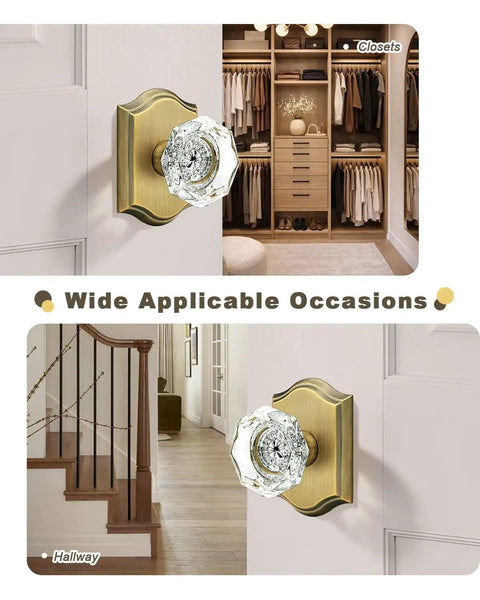 Octagonal Diamond Crystal Doorknob in Antique Brass Finish, Keyless Passage Door Knob Ideal for Hall Closet Pantry or Laundry Room