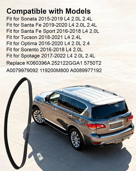 Heavy Duty Serpentine Belt For Your Ride 252122GGA1 K060396A next to a gray SUV on a parking lot background.