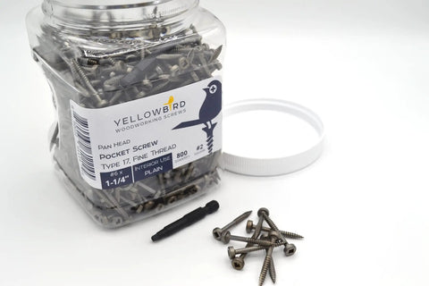Container of Six By One And A Quarter Pan Head Pocket Screws With Square Drive For Pocket Hole Joinery Plain Lube Fine Thread Type Seventeen Bit Included