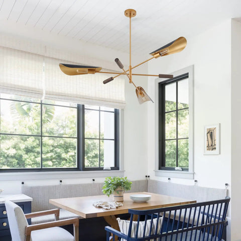 51 Inch Industrial Farmhouse Chandelier With Antique Brass Brush Finish And Matte Black Wood Pendant Lighting above dining area