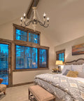 Five-Light French Country Rustic Chandelier With Glass Bead Chains, White Distressed Wood Finish in cozy bedroom setting
