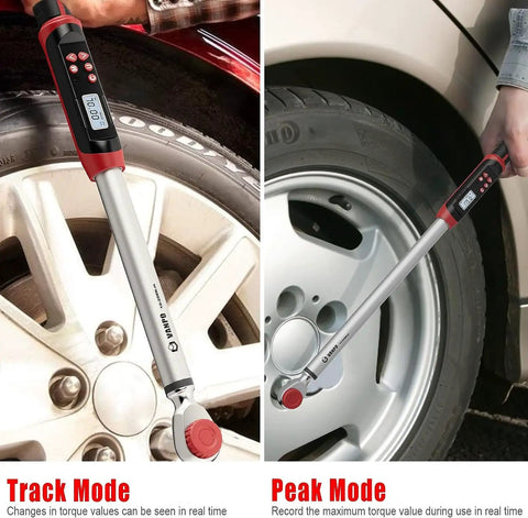 Digital Torque Wrench Half Inch Drive Beefy Pro Grade with Buzzer and LED Indicator in use on car wheel in track and peak modes