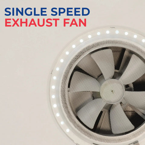 Top view of Mini Plus 6 Inch RV Exhaust Vent with LED lighting and single speed fan, black, designed for travel trailers, under 2 amps.