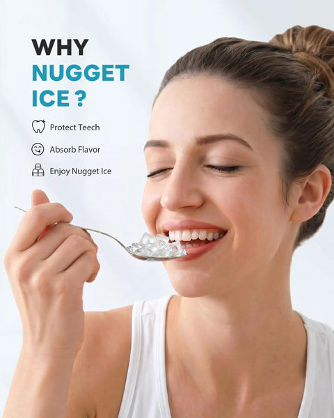 Woman smiling while holding a spoonful of nugget ice, emphasizing the benefits of Top Shelf Countertop Nugget Ice Maker Crushing 40 Pounds Of Soft Chewable Ice Daily With Lightning Fast Five Minute Batches For Flawless Party Ready Drinks.