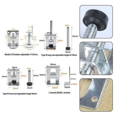 Diagram of Heavy Duty Adjustable Leveling Feet Set for Cabinets Tables Desks Workbenches and Shelving Units 6 Pieces With Screw In Posts