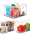 Clear Plastic Storage Bins With Dividers 3 Pack Acrylic Stackable Organizer Boxes filled with snacks and fruits
