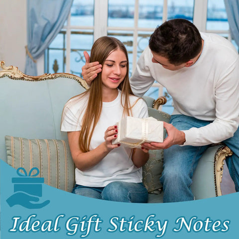 Couple exchanging gift, Ideal Gift Sticky Notes packaging