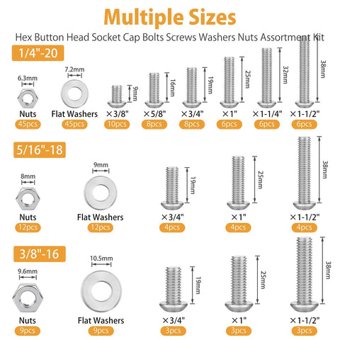 Diagram showing the 197Piece SAE Hex Button Head Screw Set with 1/4-20 5/16-18 3/8-16 Bolts, Washers and Nuts, 304 Stainless Steel.