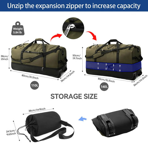 Expandable To 140L Duffle Bag With 2 Beefy Wheels, Oxford Soft Sided Rolling Carry On shown expanded from 110L to 140L size